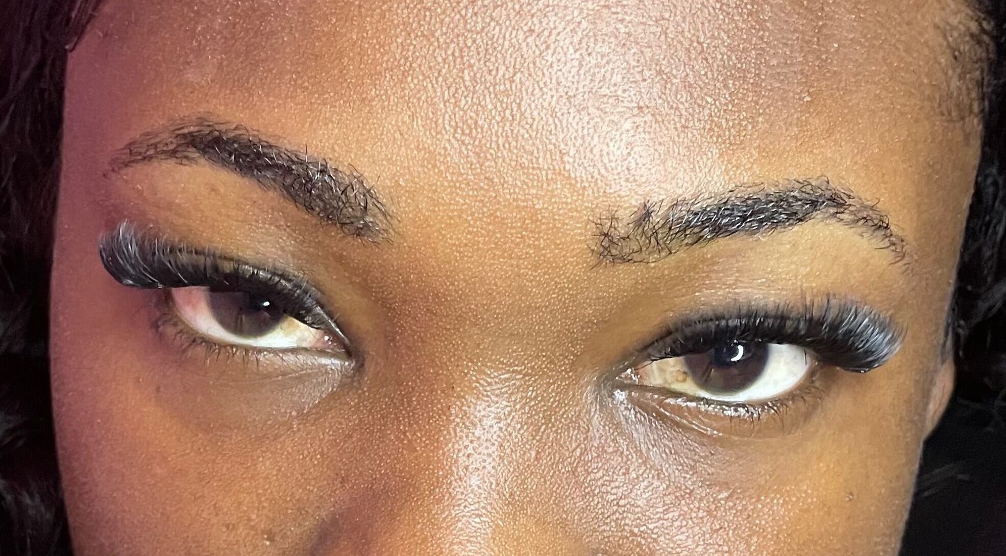 Close-up of eyelash extensions at Lashes by M in Portsmouth, Saint John Parish, DM.