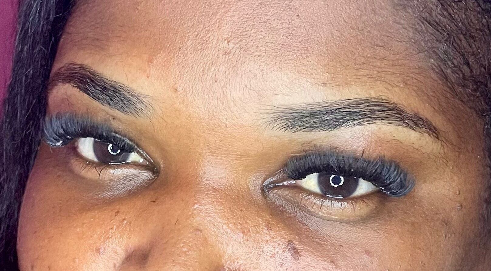 Close-up of eyelash extensions at Lashes by M, Portsmouth, Saint John Parish, DM.