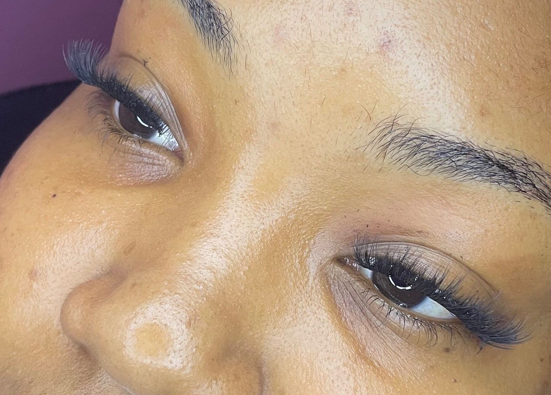 Close-up of elegant eyelash extensions at Lashes by M in Portsmouth, Saint John Parish, DM.