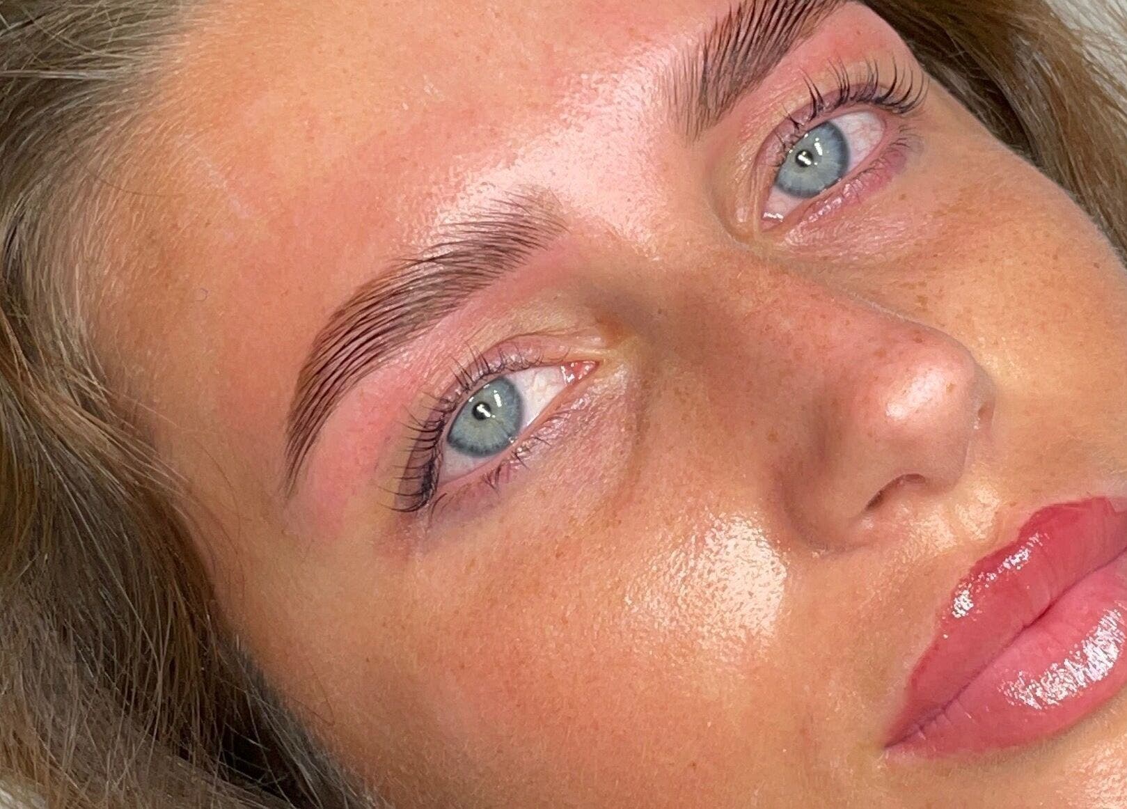 Close-up of glowing skin and neatly shaped eyebrows at Céru Beauty, Lytham St Annes, England, GB.