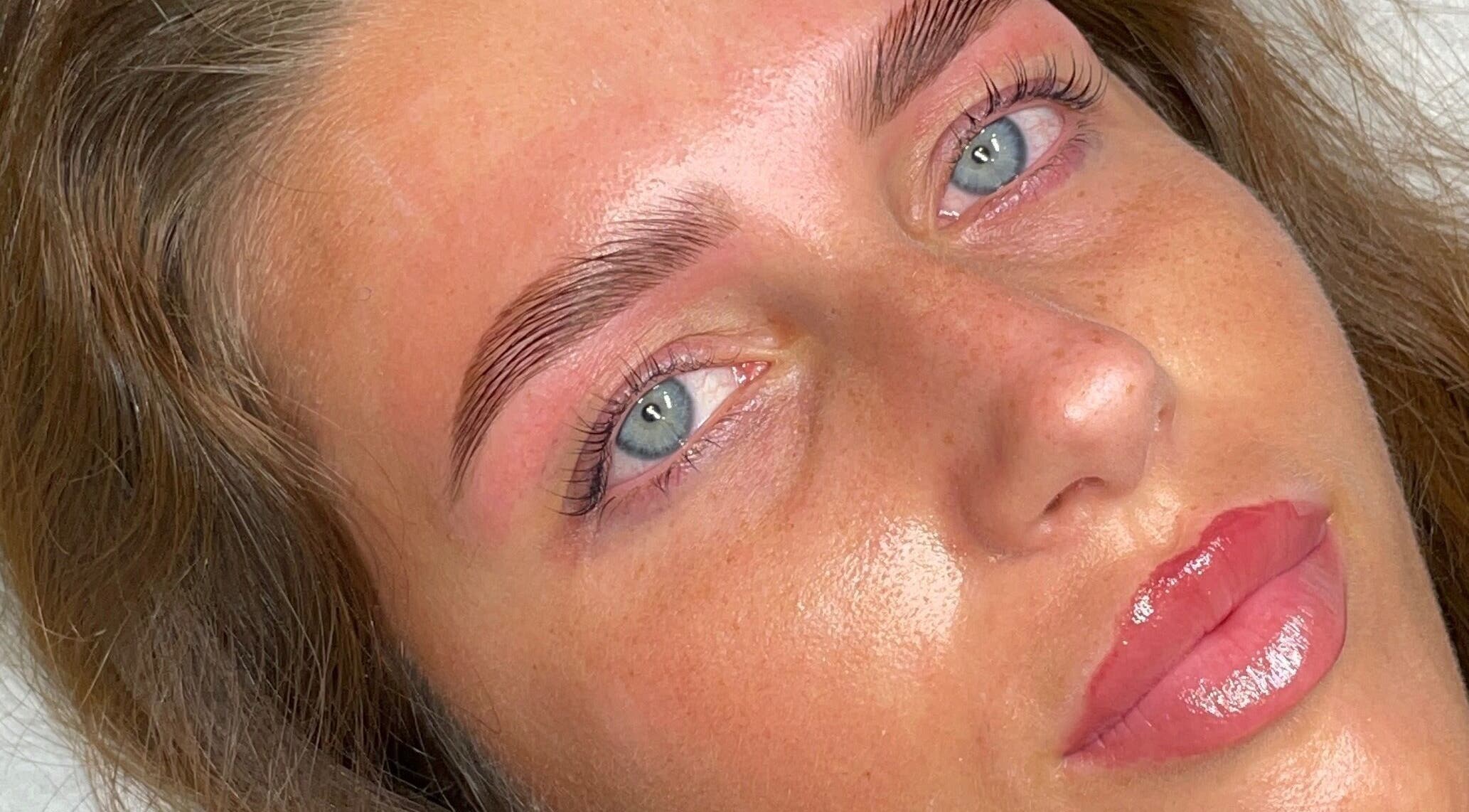 Close-up of glowing skin and neatly shaped eyebrows at Céru Beauty, Lytham St Annes, England, GB.