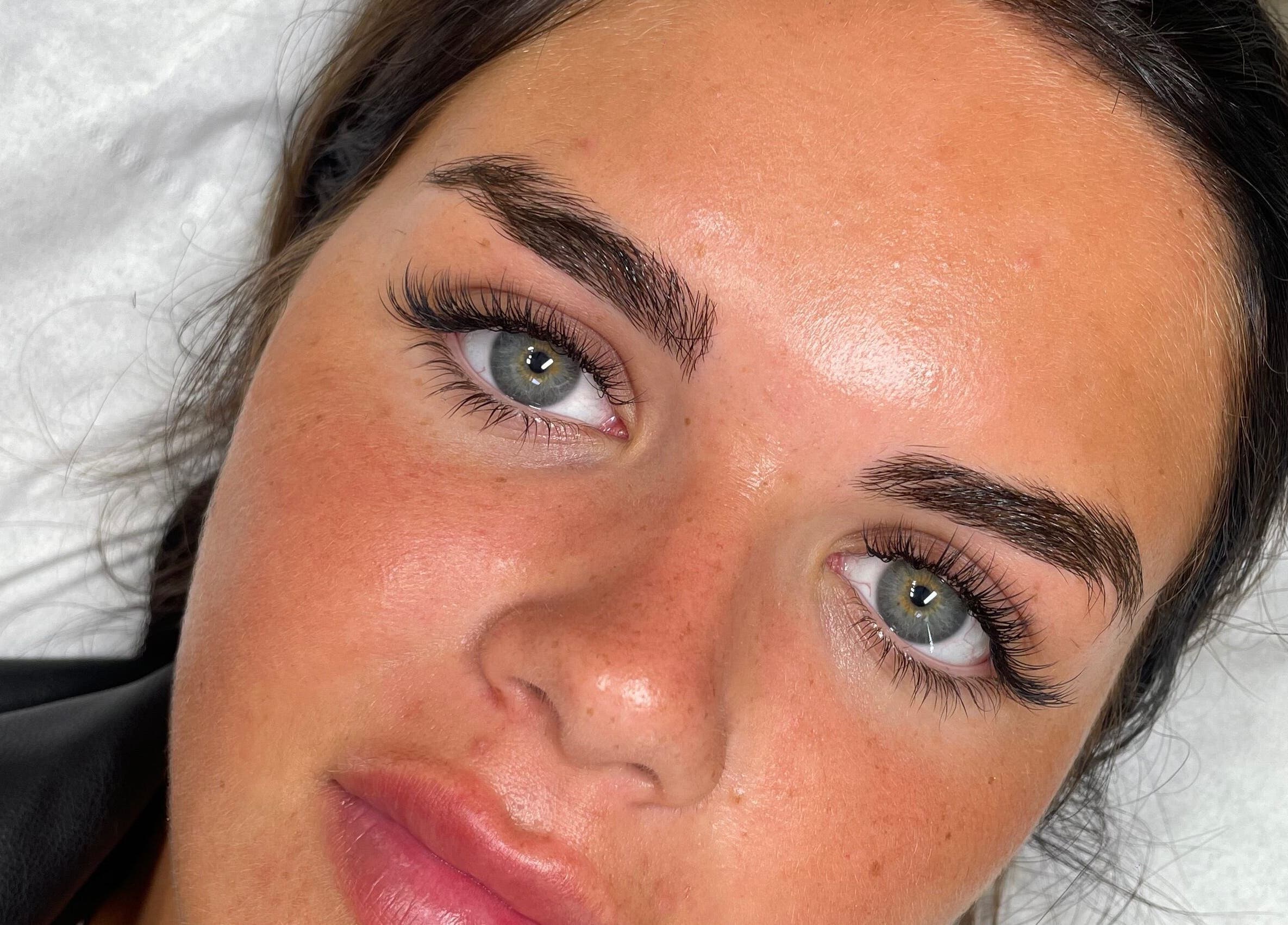 Close-up of expertly shaped brows and lush eyelashes at Céru Beauty, Lytham St Annes, England, GB.