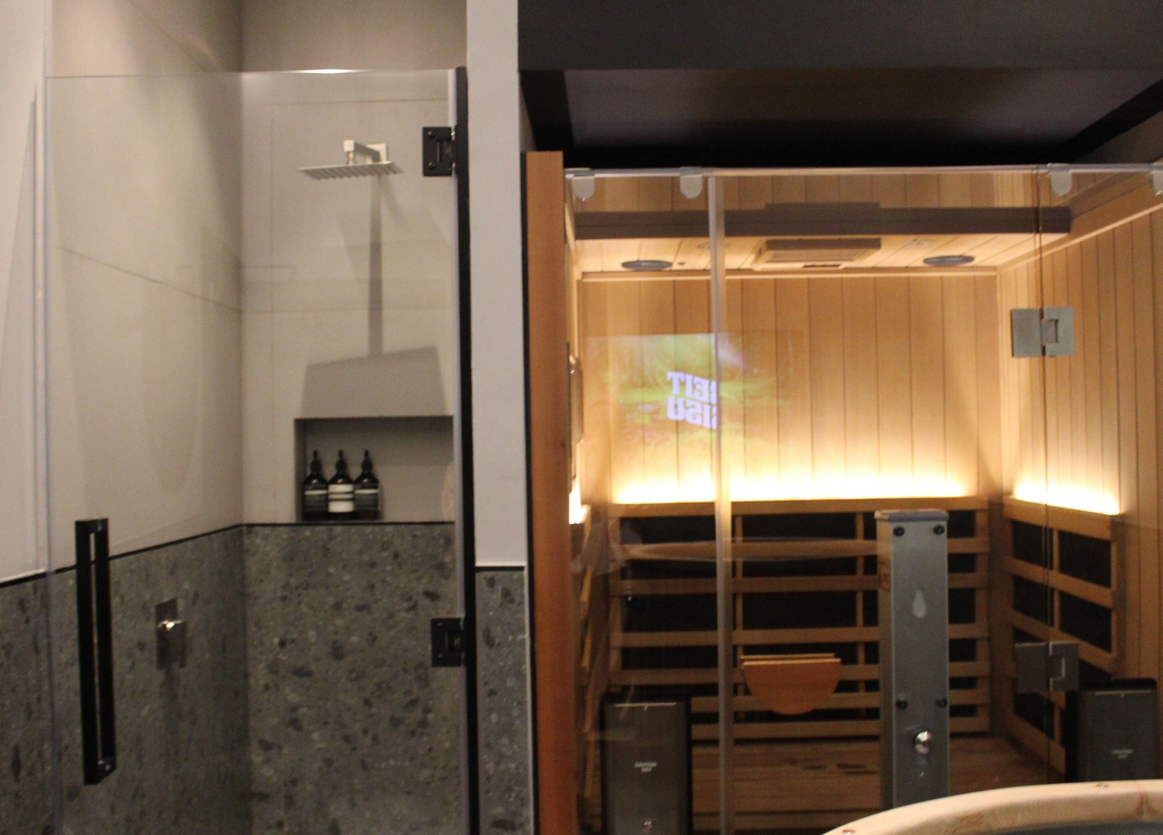 Luxurious spa with sauna at Beit Sisu, Dubai, Dubai, AE, featuring sleek design and soothing ambiance.