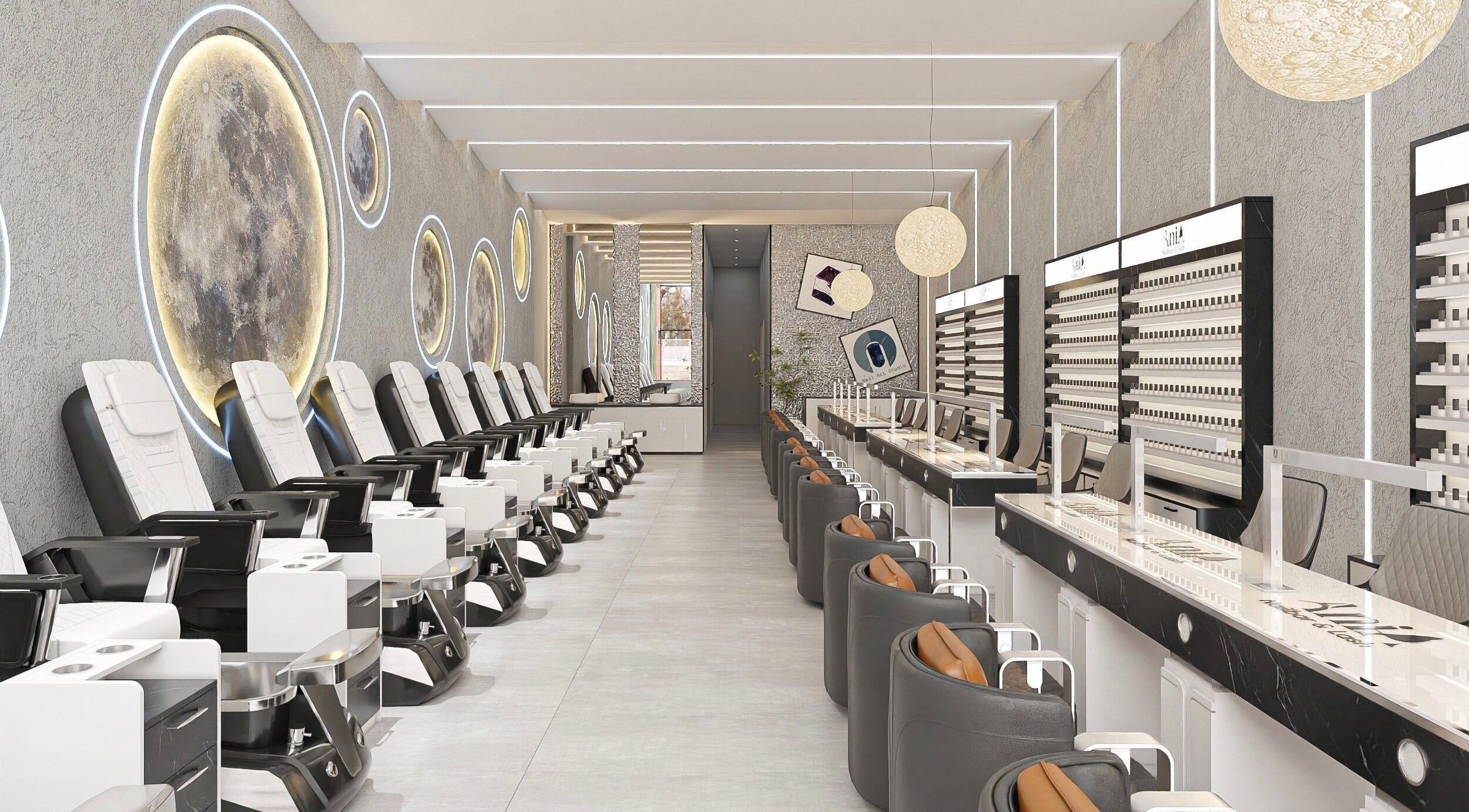 Interior of Ania Nailbar & Lash featuring sleek nail stations in North Miami, Florida, US.