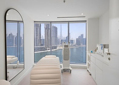 Luxury treatment room at Nush Skincare Dubai with city view, Dubai, Dubai, AE.