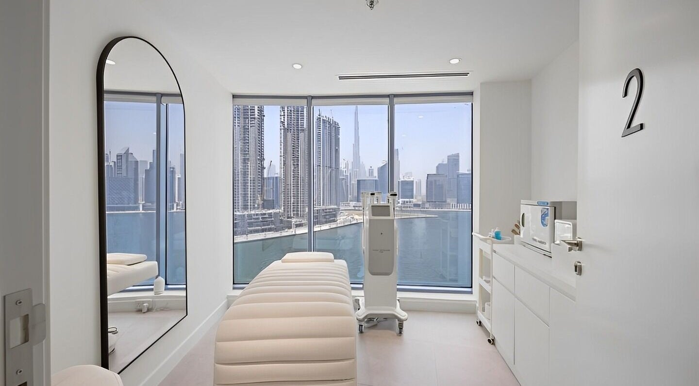 Luxury treatment room at Nush Skincare Dubai with city view, Dubai, Dubai, AE.