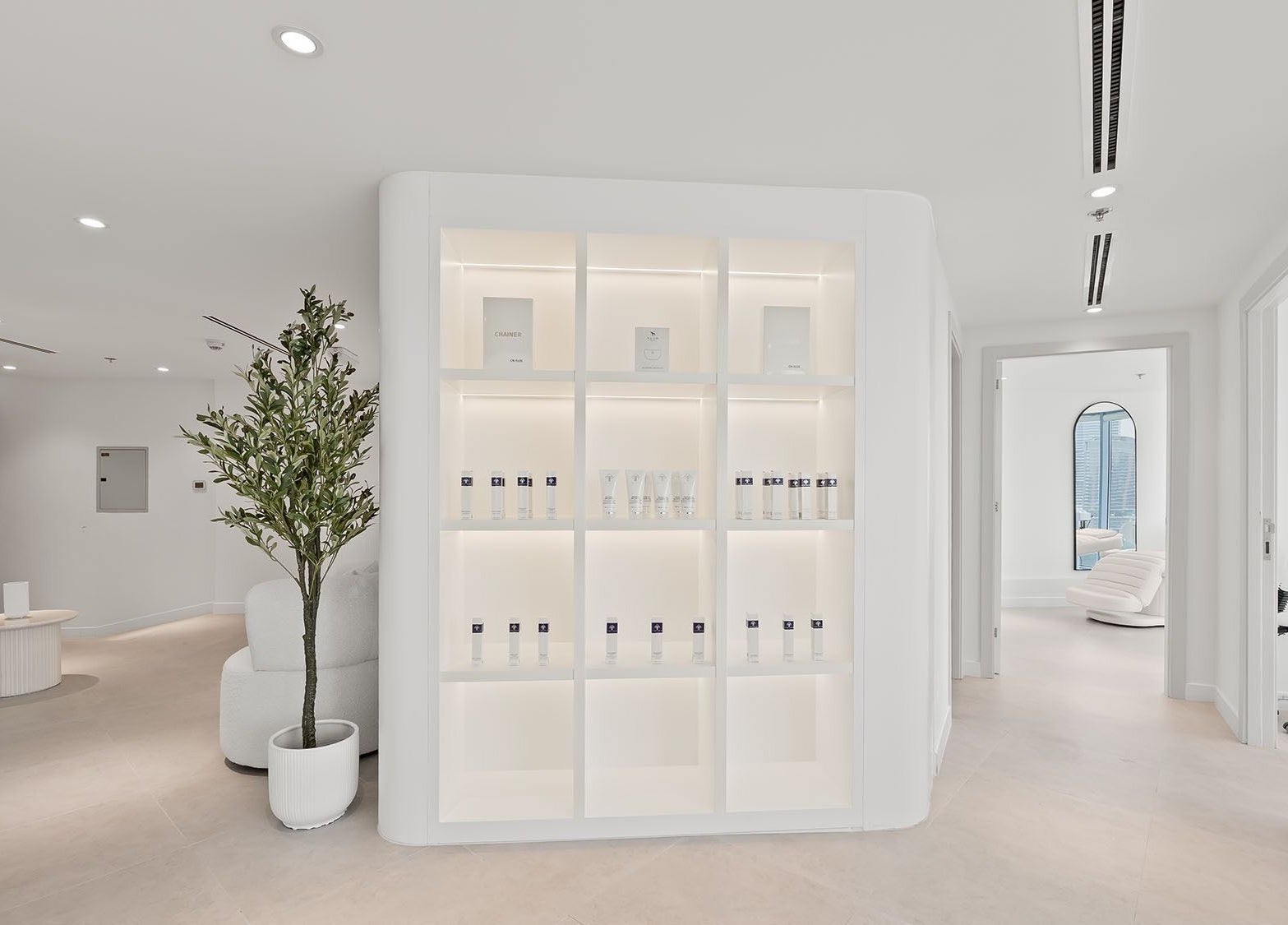 Elegant interior of Nush Skincare Dubai, showcasing sleek design and products on display in Dubai, Dubai, AE.