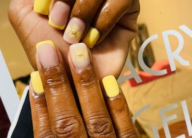 Yellow and nude nail art at Nomsa's Nails and Beauty, Midrand, Gauteng, ZA enhancing elegant style.