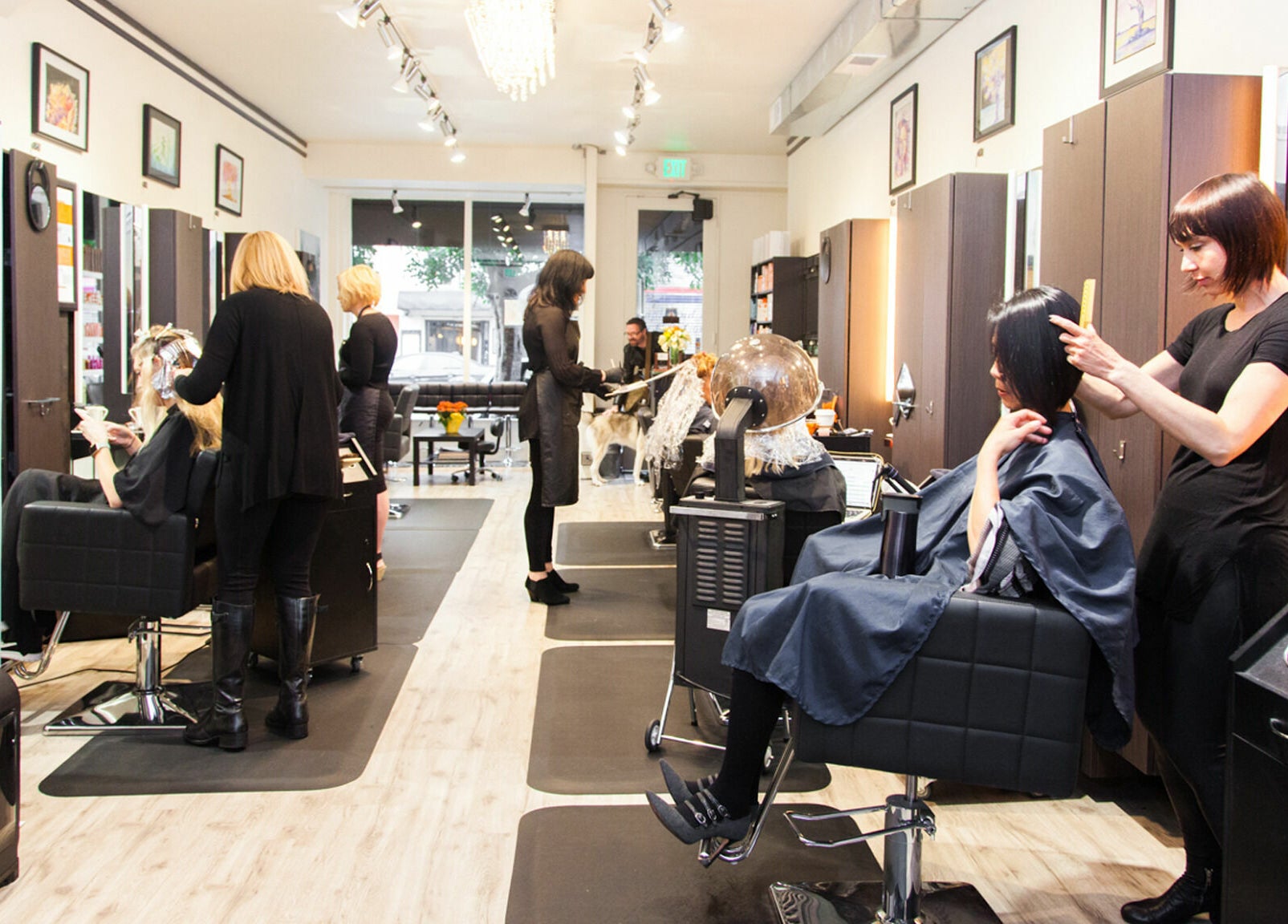 Professional stylists at work in ML Hair Studio, San Francisco, California, US, creating modern hairstyles.