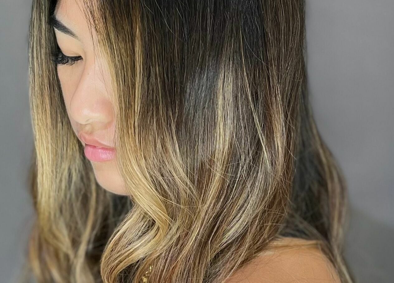 Brown and blonde highlights at ML Hair Studio, San Francisco, California, US.