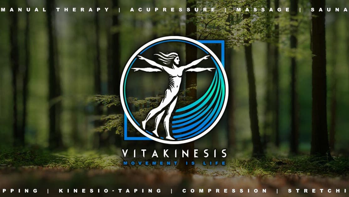 VitaKinesis logo with forest background in Los Angeles, California, US. Movement is life.