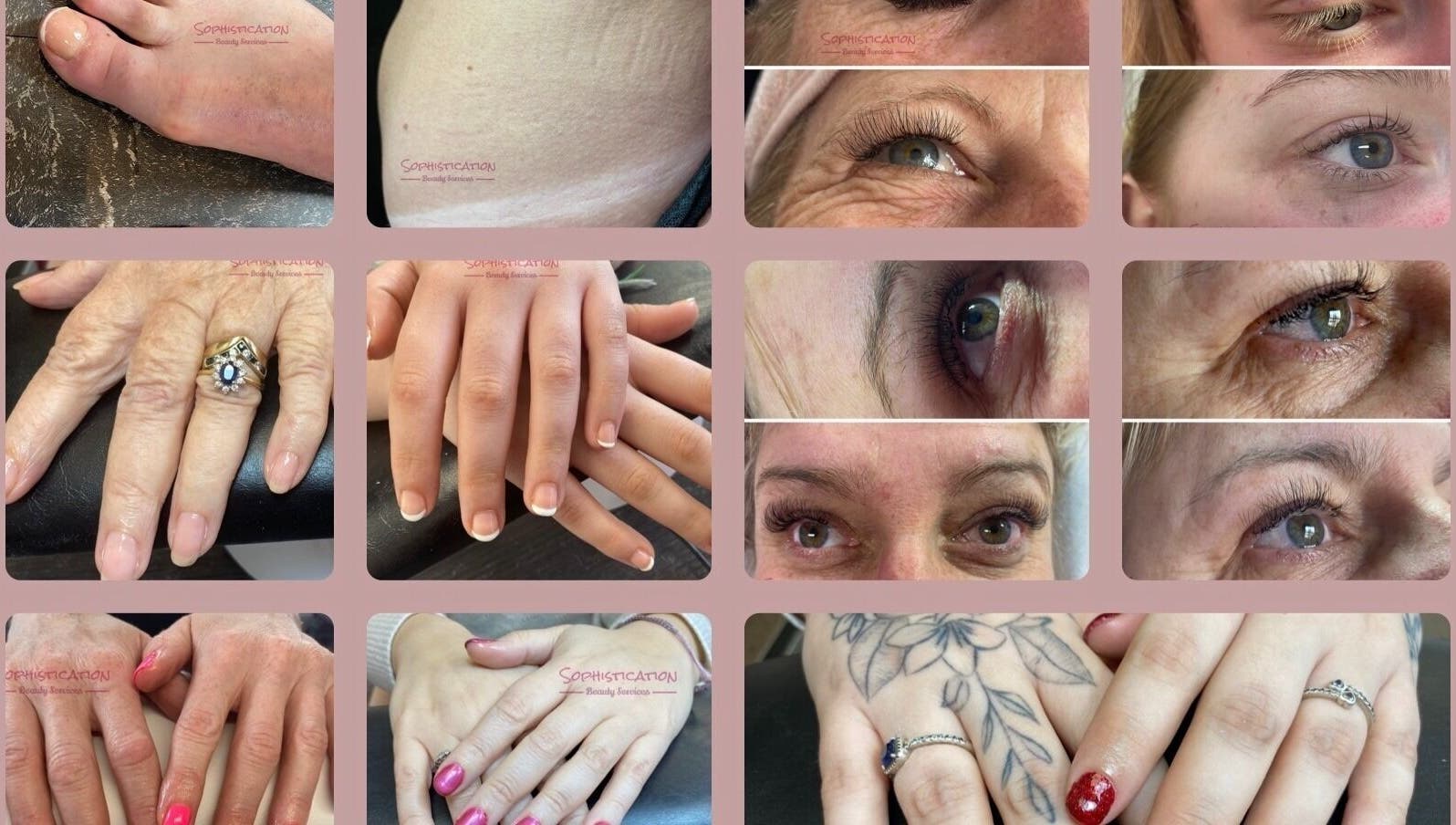 Close-up of beauty treatments at Sophistication Beauty, Grantham, England, GB showcasing nails and eyes.