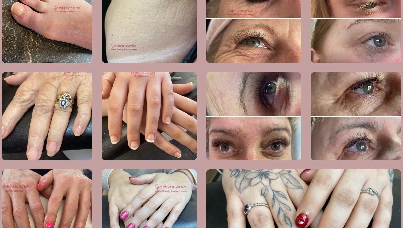 Close-up of beauty treatments at Sophistication Beauty, Grantham, England, GB showcasing nails and eyes.