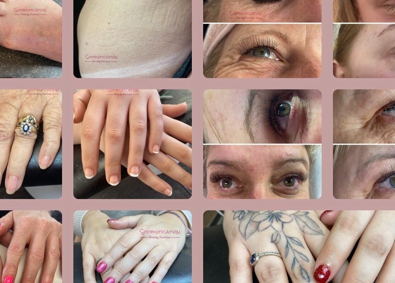 Close-up of beauty treatments at Sophistication Beauty, Grantham, England, GB showcasing nails and eyes.