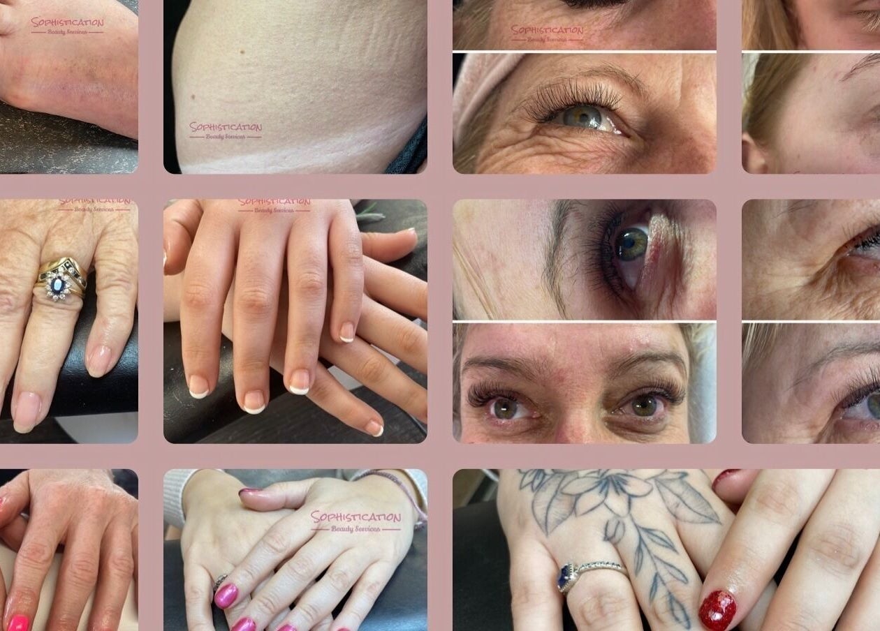 Close-up of beauty treatments at Sophistication Beauty, Grantham, England, GB showcasing nails and eyes.