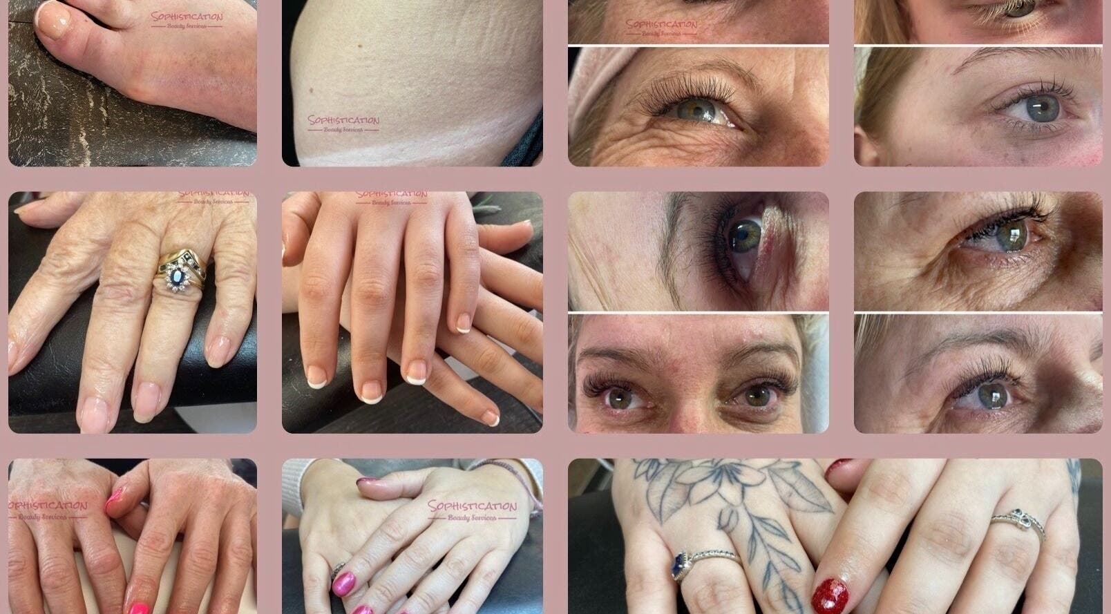 Close-up of beauty treatments at Sophistication Beauty, Grantham, England, GB showcasing nails and eyes.