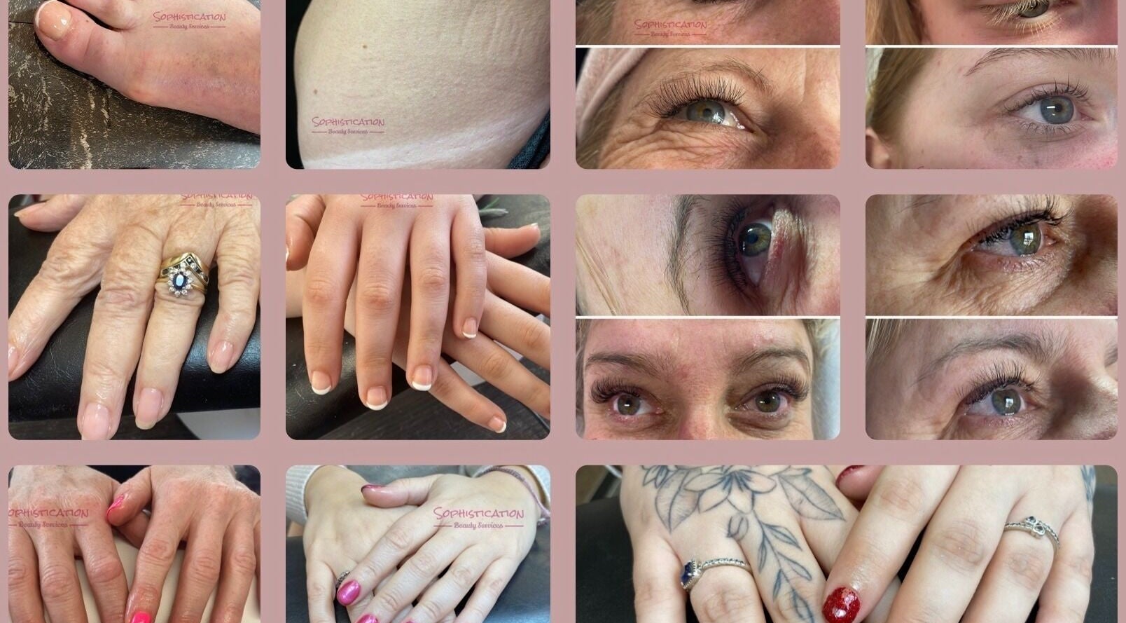 Close-up of beauty treatments at Sophistication Beauty, Grantham, England, GB showcasing nails and eyes.