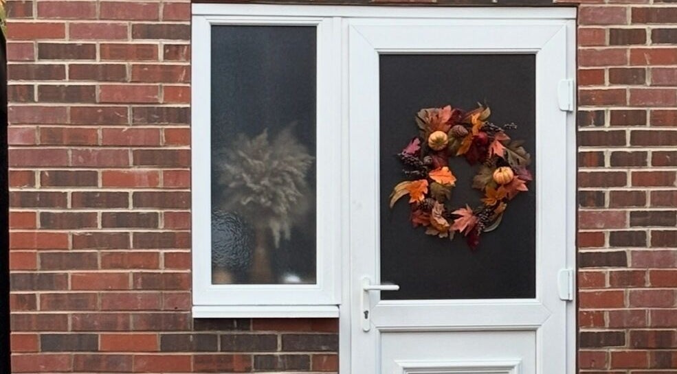 Entrance of Annies Reiki & Massage Therapy with an autumn wreath, Knottingley, England, GB.