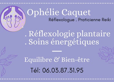 Carte de visite d'Ophélie Caquet Réflexologie à Nérondes, Centre-val De Loire, FR, montrant les services de réflexologie plantaire.