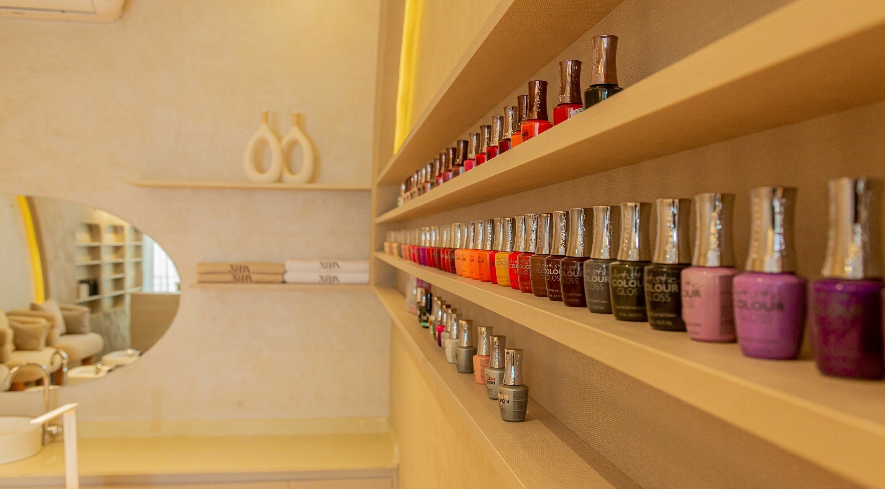 Nail polish display at Nuba Spa, Nairobi, Nairobi County, KE showcases a vibrant color selection.