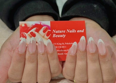 Nail art at Nature Nails & Beauty Spa in Pukekohe, Auckland, NZ showcasing elegant, natural French tips.