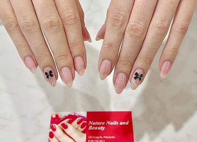 Stylish nail art at Nature Nails & Beauty Spa in Pukekohe, Auckland, NZ, showcasing intricate design and elegance.