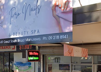 Entrance of Pro Nails and Beauty Spa, Auckland, NZ, showcasing a welcoming exterior with clear signage.