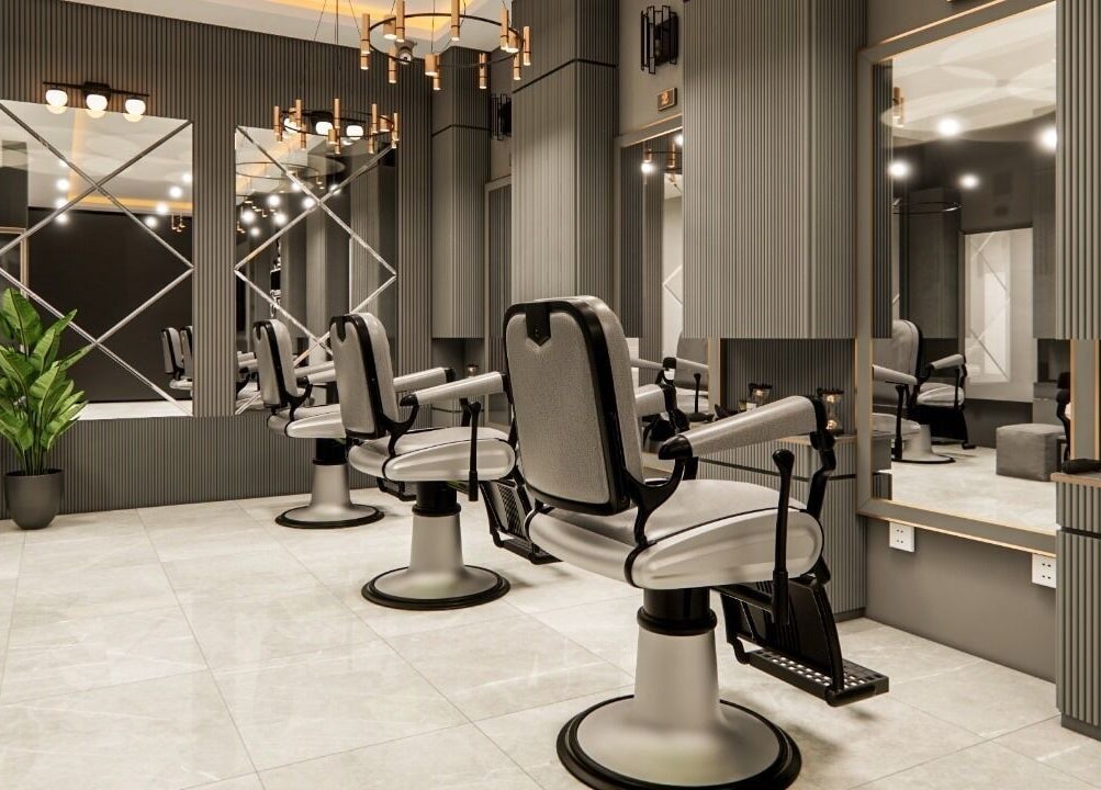 Elegant interior of Luxe Gentlemen Salon in Mardan, Khyber Pakhtunkhwa, PK, featuring stylish salon chairs.