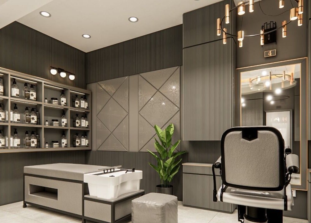 Elegant interior of Luxe Gentlemen Salon in Mardan, Khyber Pakhtunkhwa, PK showcasing stylish decor and amenities.