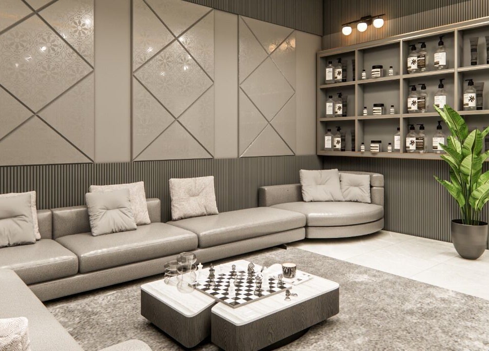 Elegant lounge area of Luxe Gentlemen Salon in Mardan, Khyber Pakhtunkhwa, PK, featuring plush seating and stylish decor.