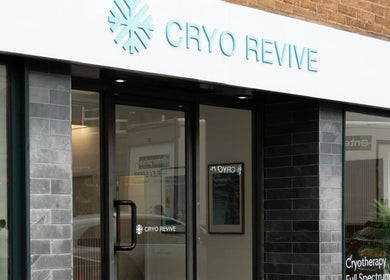 Front entrance of Cryo Revive Manchester with glass doors and sleek design in Manchester, England, GB.