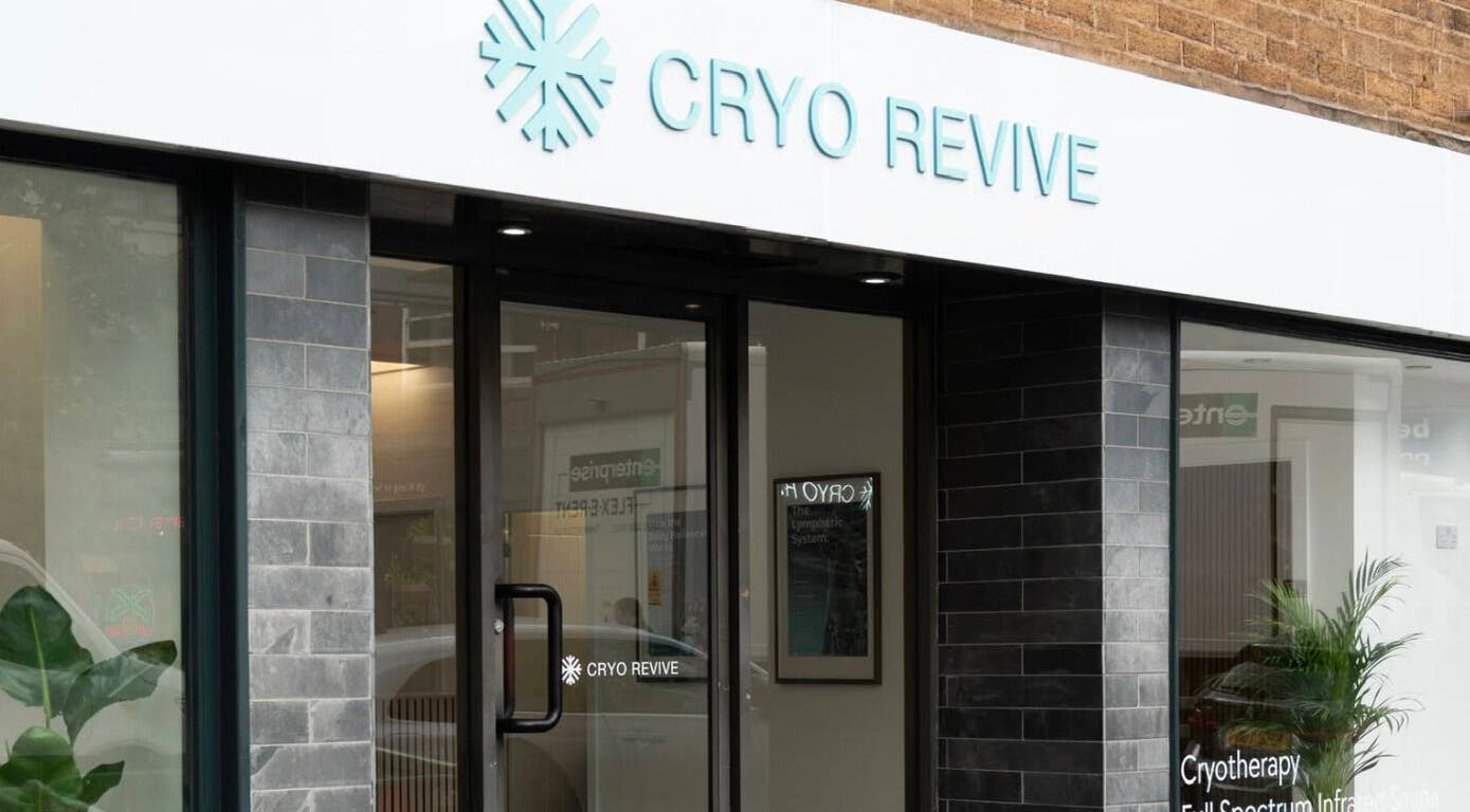 Front entrance of Cryo Revive Manchester with glass doors and sleek design in Manchester, England, GB.