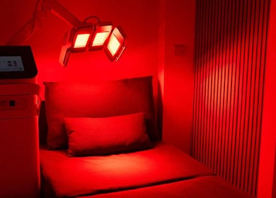 Chic red-lit room at Cryo Revive Manchester, featuring a comfortable bed for wellness treatments. Manchester, England, GB.