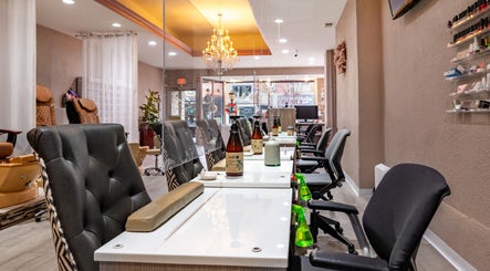 Chic nail stations at Fresh Nails & Spa, Glen Ellyn, Illinois, US, showcasing luxury and comfort.