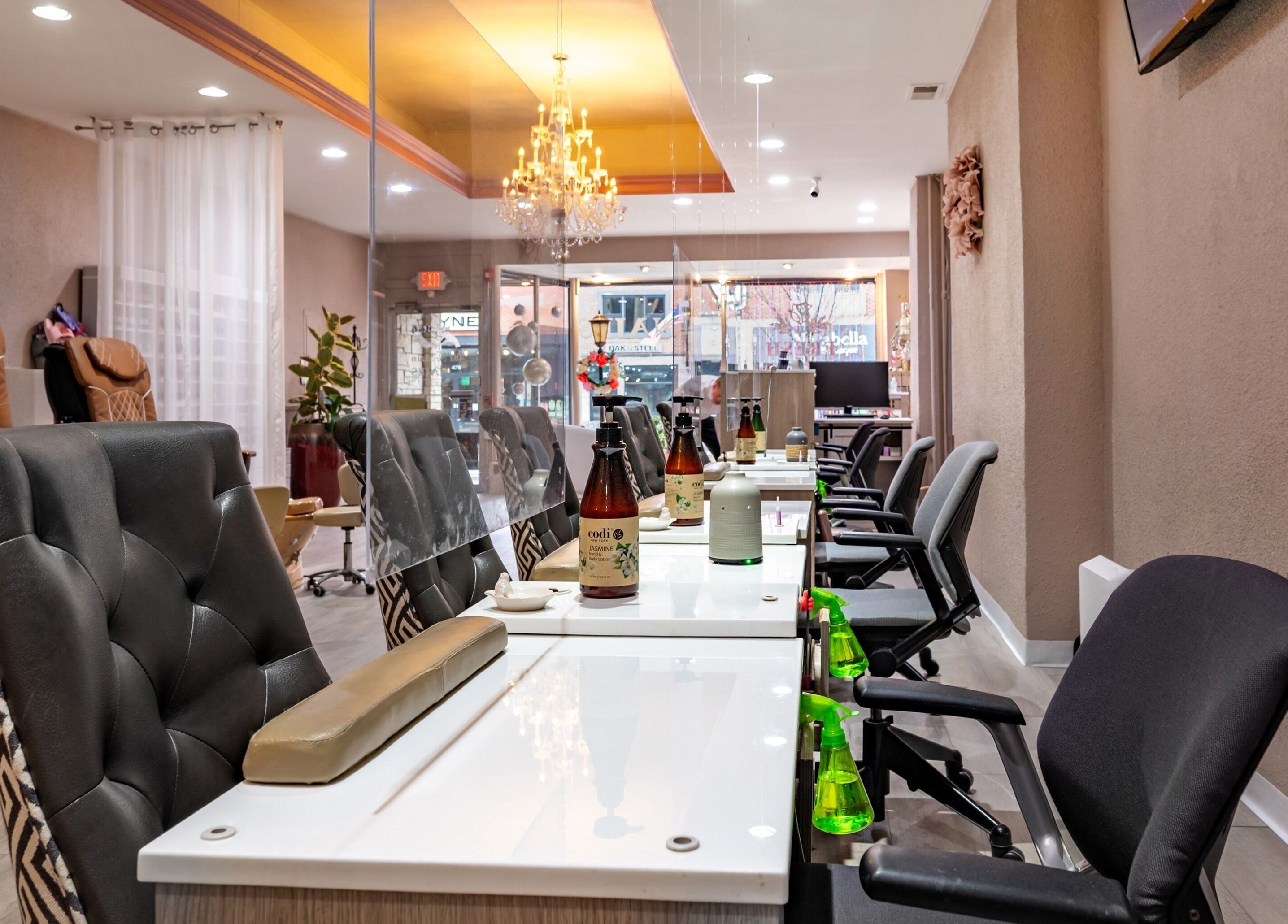 Elegant manicure stations at Fresh Nails & Spa in Glen Ellyn, Illinois, US, offering a luxurious experience.