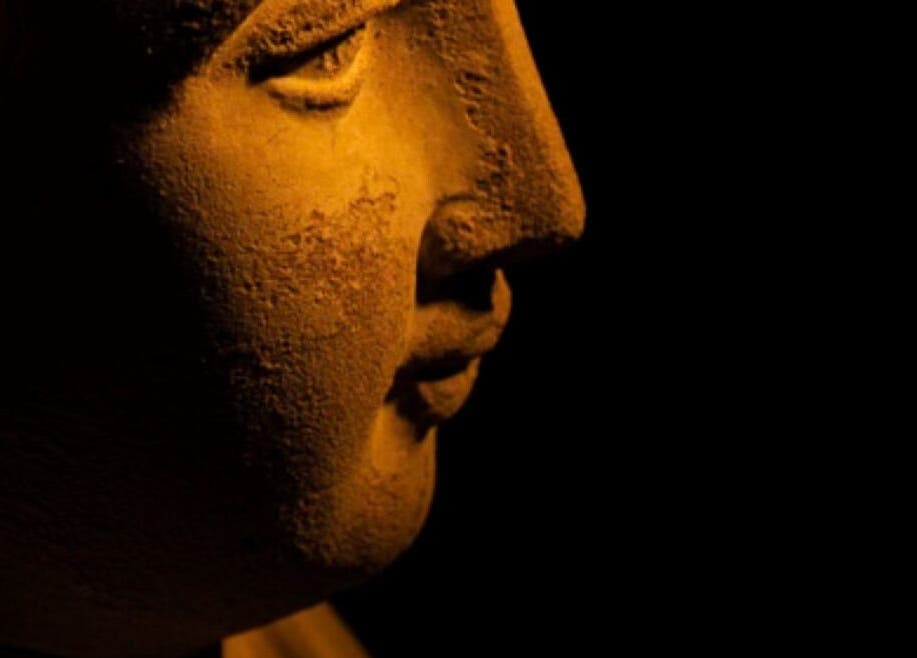 Illuminated stone sculpture evoking tranquility, displayed at Sanctum, Lincoln, England, GB.