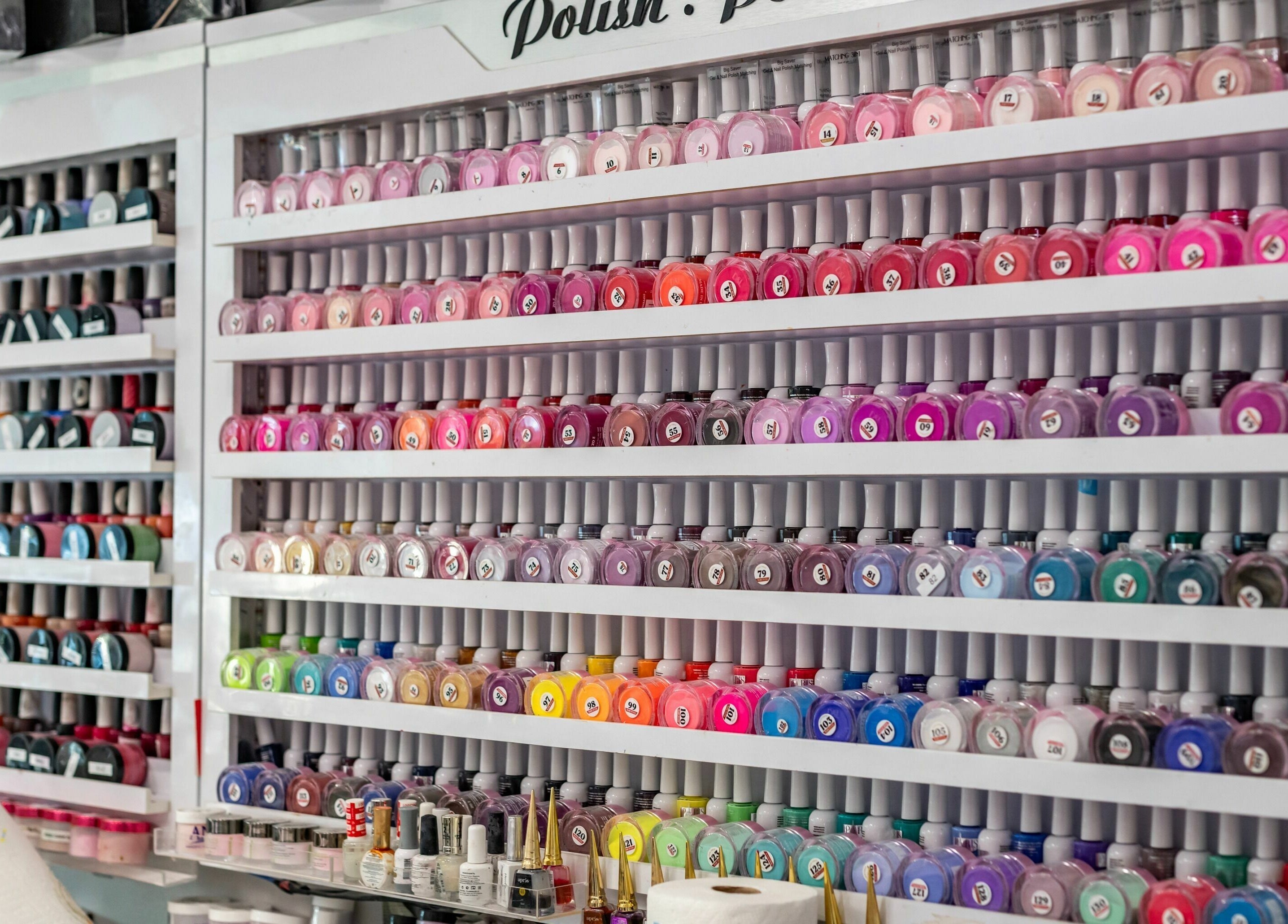 Wide selection of nail polishes at SODO Nails & Lash Bar, Orlando, Florida, US for vibrant manicures.
