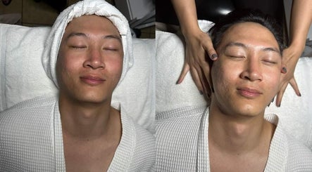 Client enjoying a soothing facial massage at The Makeup Monk, Costa Mesa, California, US.