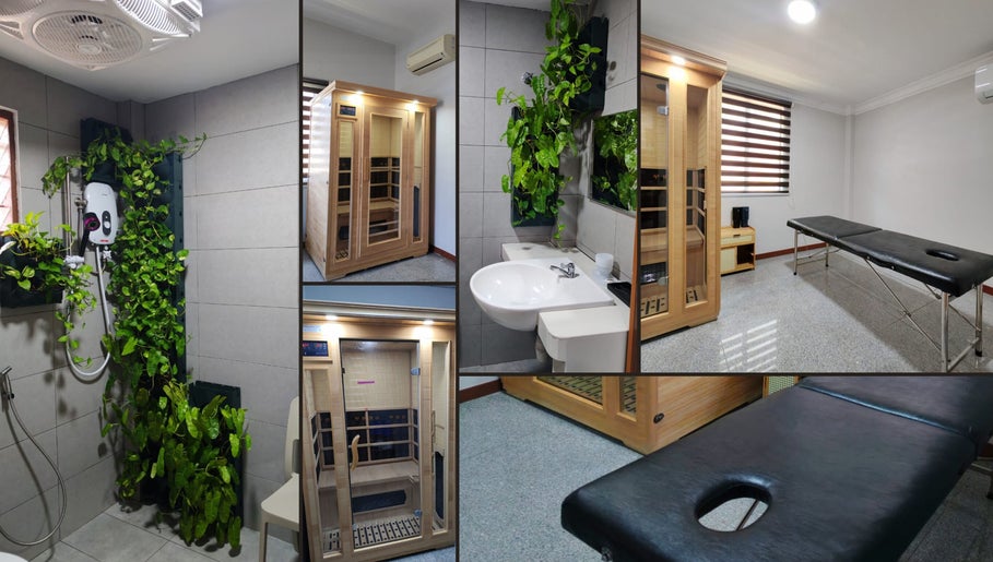 Luxurious therapy room at The House of Healing, Petaling Jaya, Selangor, MY with sauna and massage table.