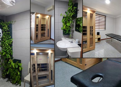Luxurious therapy room at The House of Healing, Petaling Jaya, Selangor, MY with sauna and massage table.