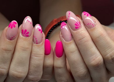 Vibrant pink floral nail art at Anne Lima Nails & Beauty (Dublin 2), Dublin, County Dublin, IE.