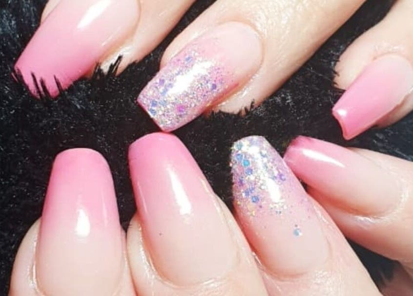 Stylish pink and glitter nails at Baroness Beauty, Vanderbijlpark, Gauteng, ZA.