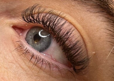 Close-up of expertly enhanced lashes at Beauty By Eloise, Godshill, England, GB.