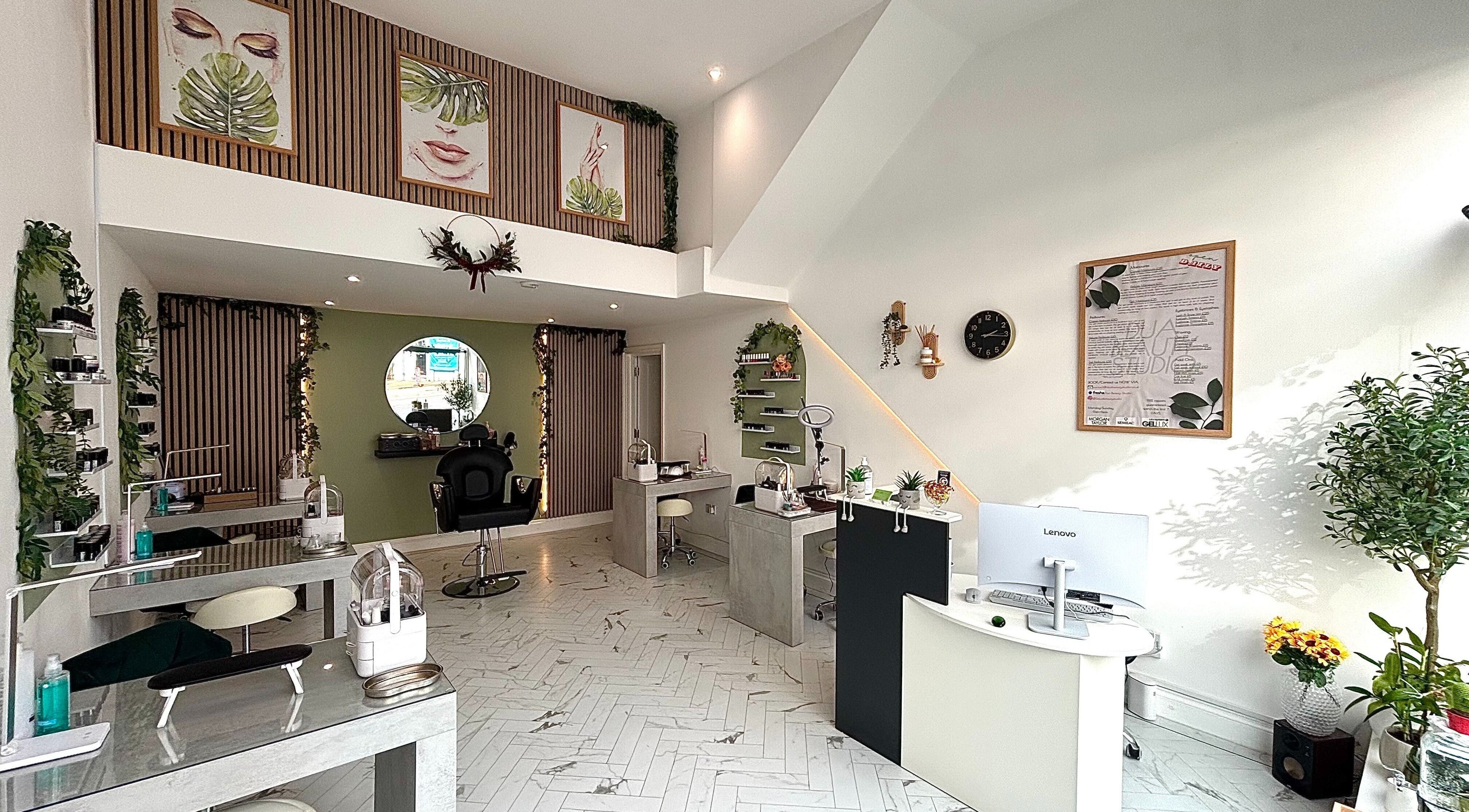 Relaxing interior of Dua Beauty Studio, Brighton, England, GB featuring stylish decor and natural elements.