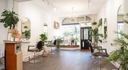 Elegant salon interior at Verve in Matlock, England, GB with lush plants and mirrors.