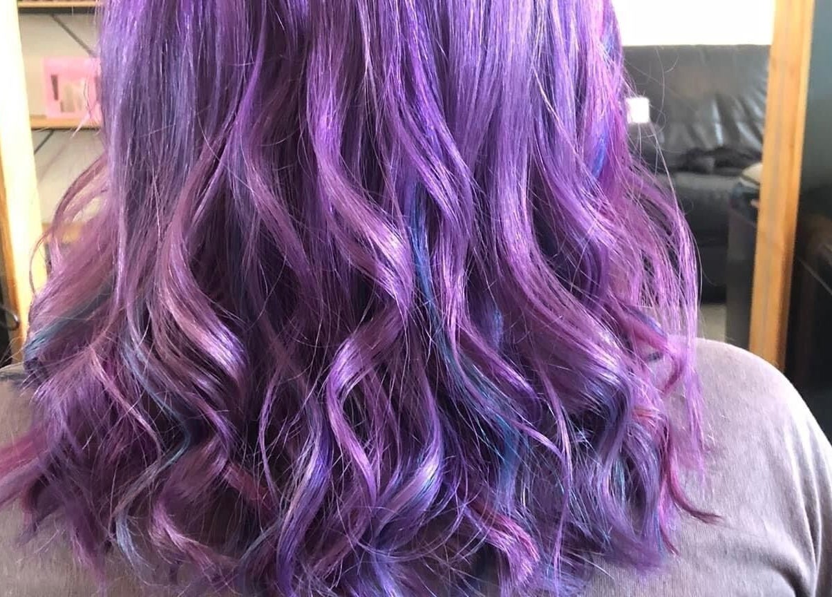 Purple wavy hair styled at Rah, Hastings, Hawke's Bay, NZ beauty salon.