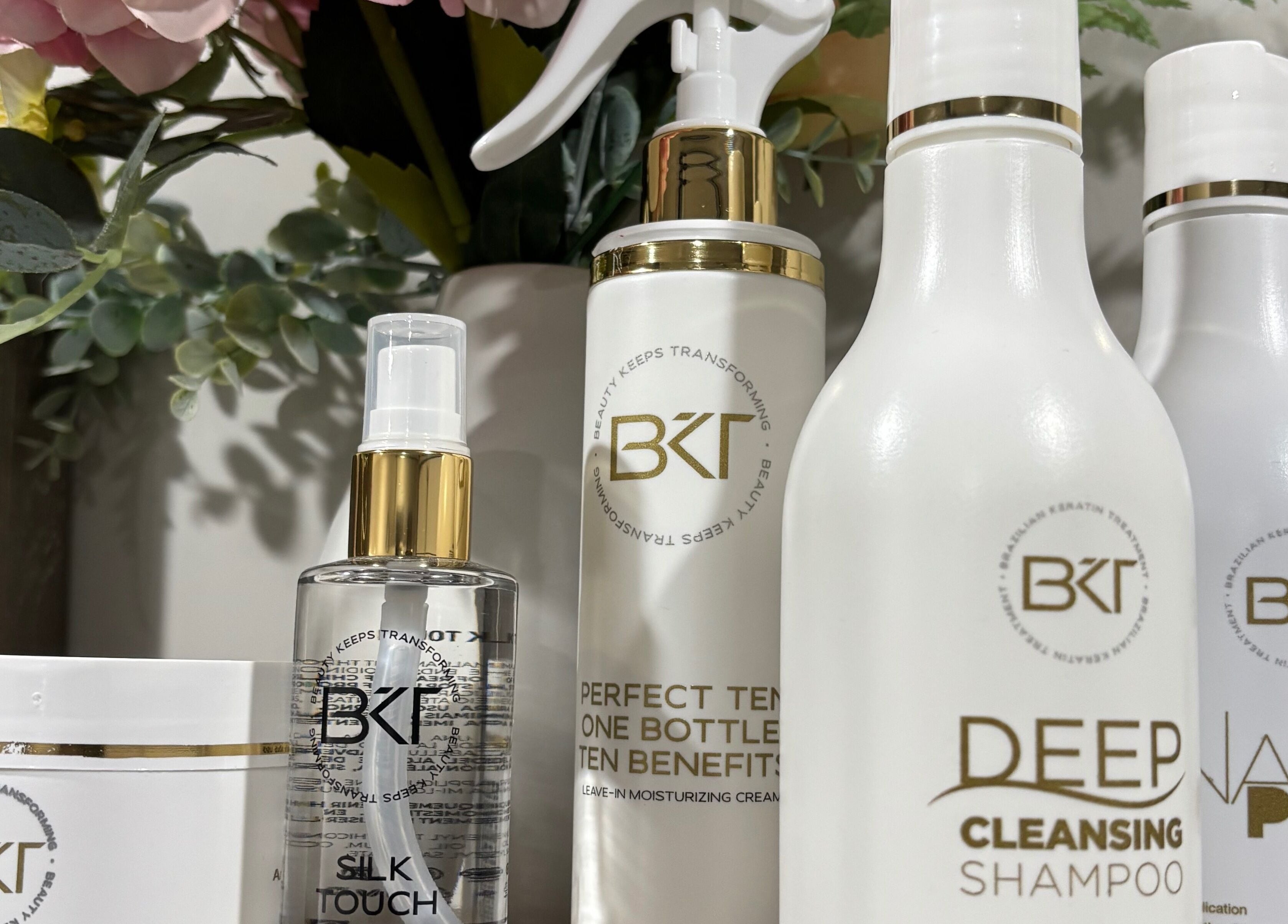 BKT haircare products with floral decor at Rah, Hastings, Hawke's Bay, NZ.