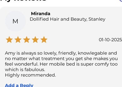 Customer review for Dollified Hair & Beauty in England, England, GB, highlighting excellent service.