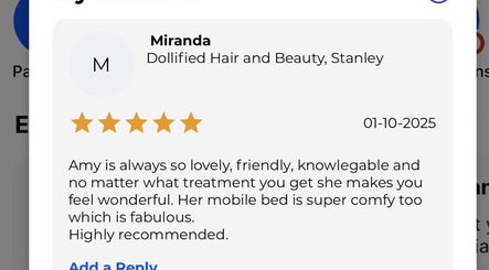 Customer review for Dollified Hair & Beauty in England, England, GB, highlighting excellent service.