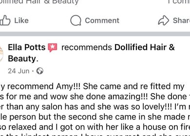 Customer testimonial for Dollified Hair & Beauty in England, England, GB, highlighting excellent service by Amy.